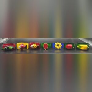 Vintage Set Of 7 Handcrafted Paper Mache & Painted Napkin Rings Fruit & Vegies